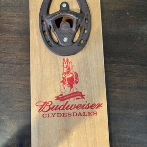 Budweiser Wood Wall Bottle Opener with Red Clydesdales Logo